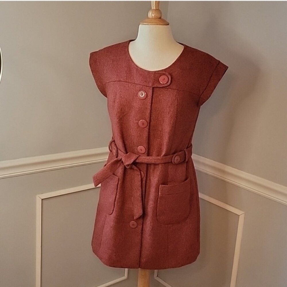 TABITHA | ANTHRO Blustery Day Rust Tweed Wool Blend Retro 70s Belted Tunic Dress